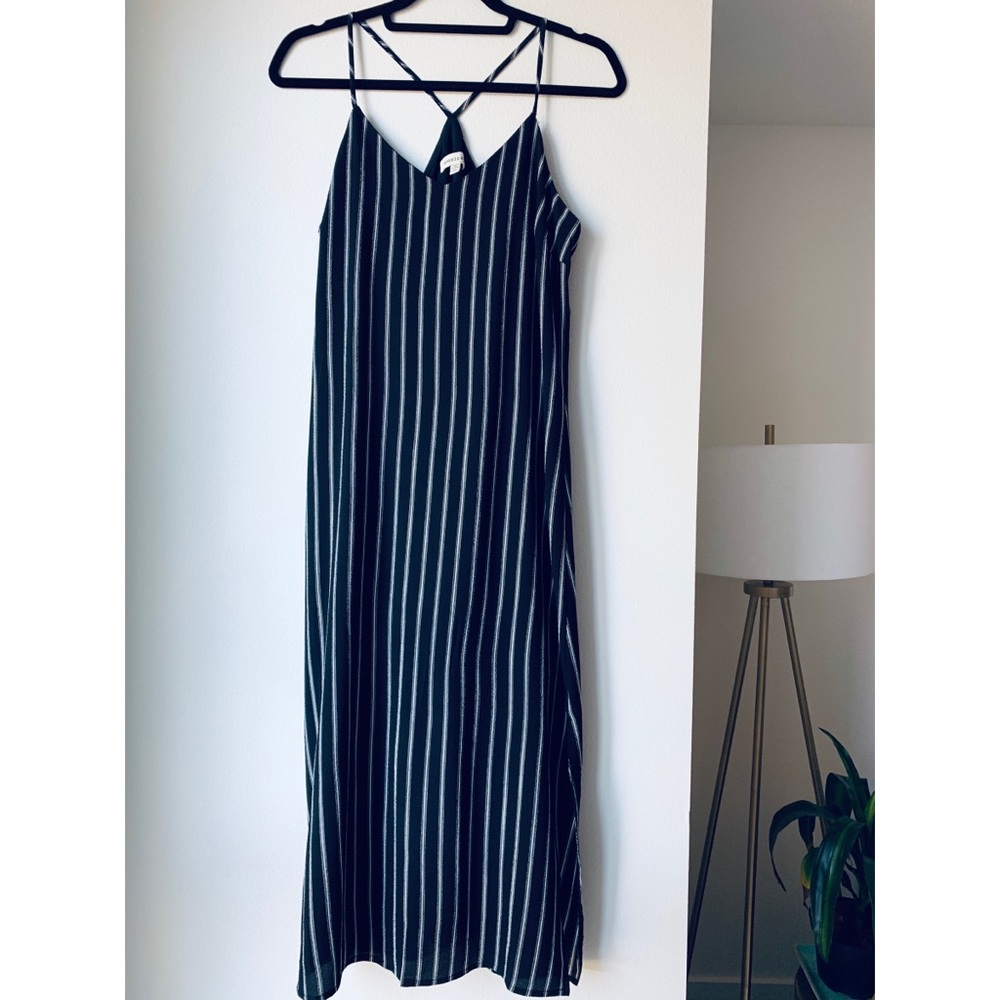 Black and white vertical striped midi length dress